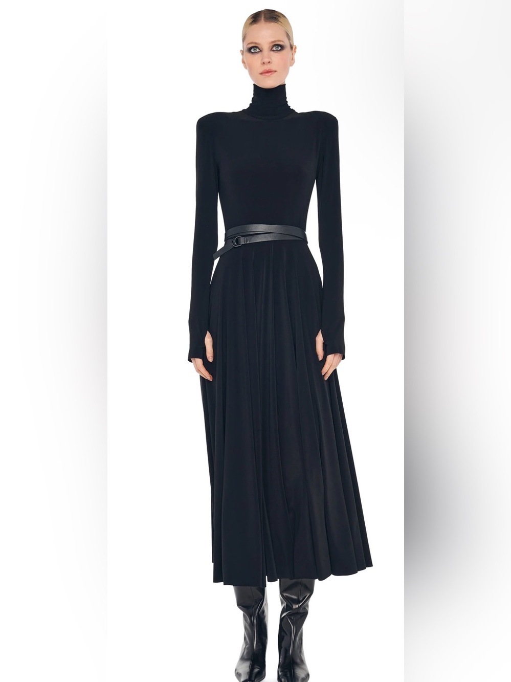 NORMA KAMALI - LS SHOULDER PAD TURTLE FLARED DRESS